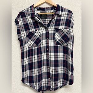 Jach’s Girlfriend Cap Sleeve Button Up Shirt Navy Plaid Costco Medium M